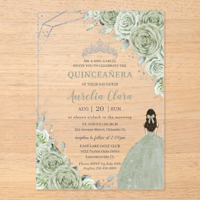 Chic Sage Green Floral Princess Silver Quinceañera Acrylic Invitations (Front)