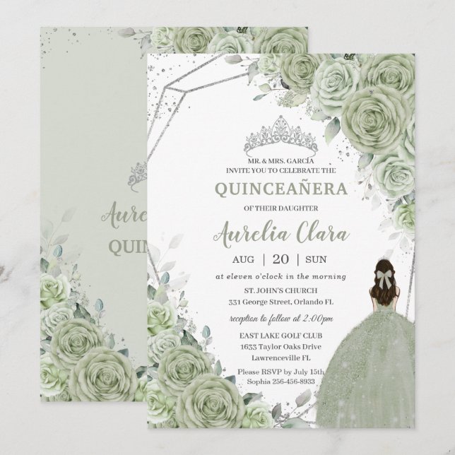 Chic Sage Green Floral Princess Silver Quinceañera Invitation (Front/Back)