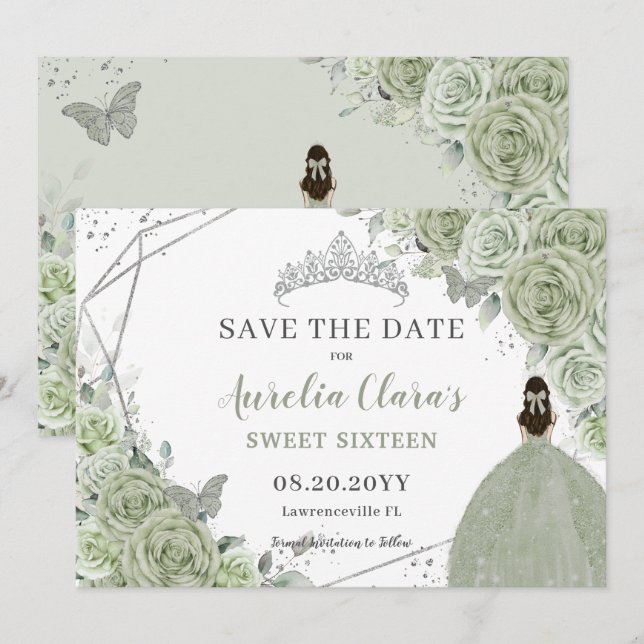 Chic Sage Green Floral Quinceanera Sweet Sixteen Save The Date (Front/Back)