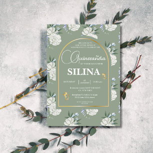 Chic Sage Green Gold Arch Butterflies Quinceañera  Invitation