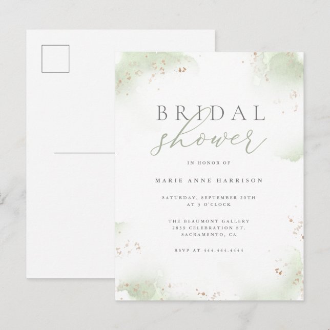 Chic Sage Green Gold Dust Bridal Shower Invitation Postcard (Front/Back)