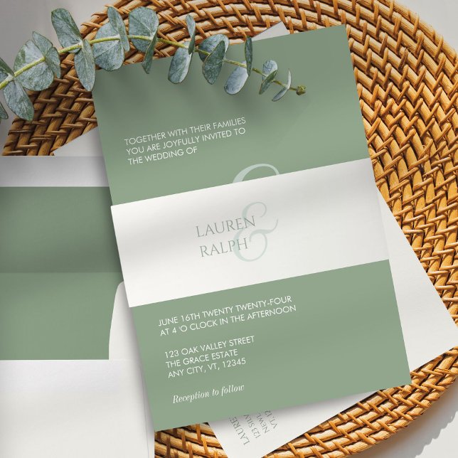 Chic Sage Green & Ivory Minimalist Script Wedding  Invitation Belly Band (Creator Uploaded)