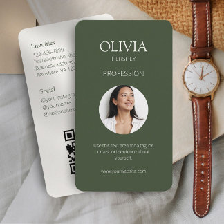 Chic Sage Green & Ivory Photo Social QR Code  Business Card