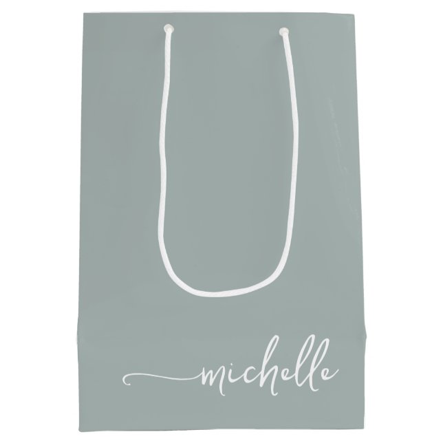 Chic Sage Green Monogram Name Script Medium Gift Bag (Back)