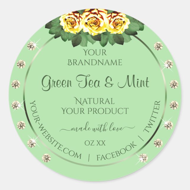 Chic Sage Green Product Labels Yellow Roses Jewels (Front)