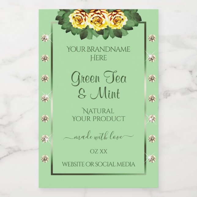 Chic Sage Green Product Labels Yellow Roses Jewels (Single Label)