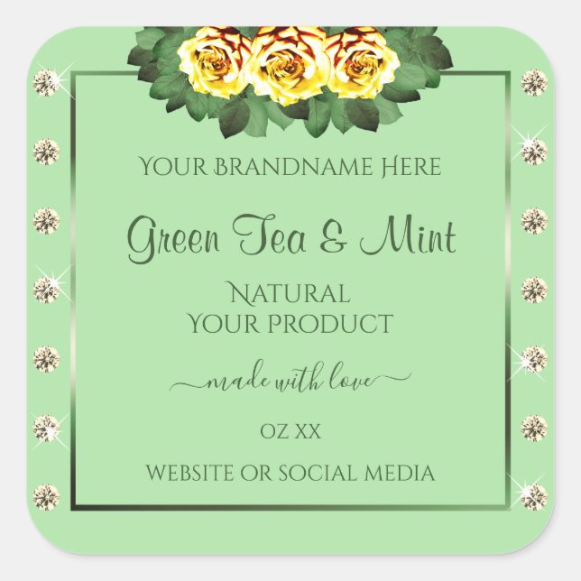 Chic Sage Green Product Labels Yellow Roses Jewels (Front)