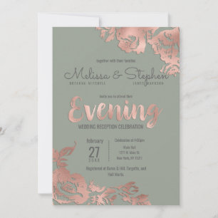 Chic Sage Green Rose Gold Floral Evening Invitation