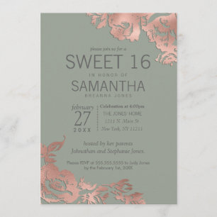 Chic Sage Green Rose Gold Floral Sweet 16 Invitation