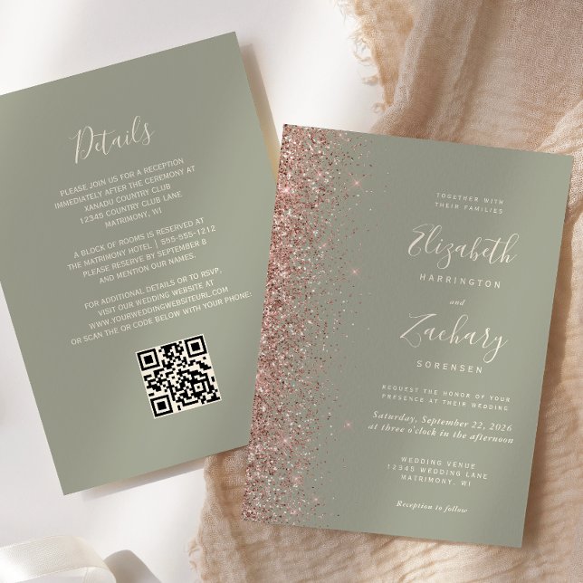 Chic Sage Green Rose Gold Glitter QR Code Wedding Invitation (Creator Uploaded)