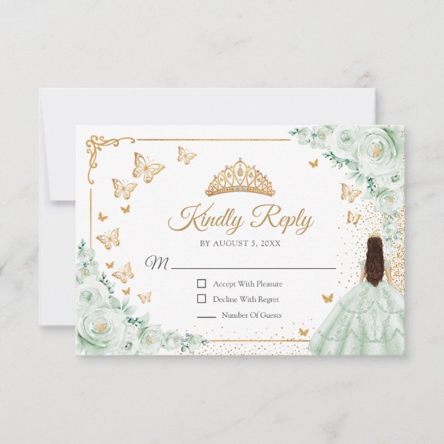 Chic Sage Green Roses Gold Quinceanera Reply RSVP Card (Front)