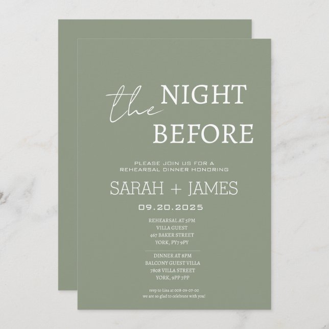 Chic Sage Green the Night Before Rehearsal Dinner  Invitation (Front/Back)