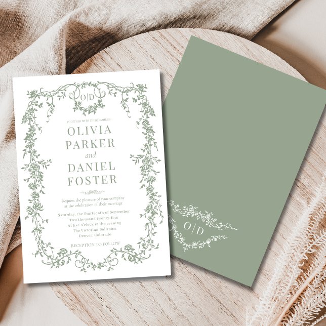 Chic Sage Green Victorian French Monogram Wedding  Invitation (Creator Uploaded)