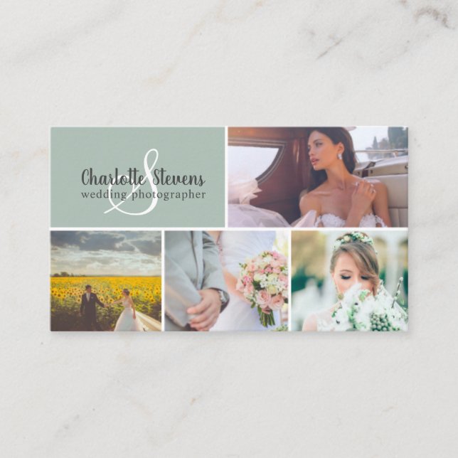 Chic sage green wedding photographer collage business card (Front)