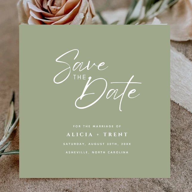 Chic Sage Green & White Calligraphy Save the Date Invitation (Creator Uploaded)