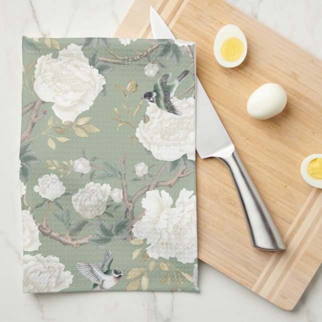 Chic Sage Green White Chinoiserie Floral Porcelain Tea Towel (Quarter Fold)