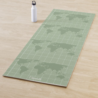 Chic Sage Green World Map Custom Name Text Yoga Mat