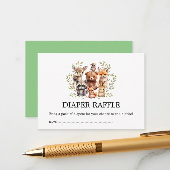 Chic Sage Greenery Woodland Animals Diaper Raffle Enclosure Card (Front/Back In Situ)