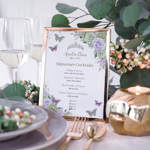 Chic Sage Purple Floral Quinceanera Bar Drink Menu Photo Print