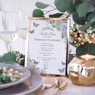 Chic Sage Purple Floral Quinceanera Bar Drink Menu Poster