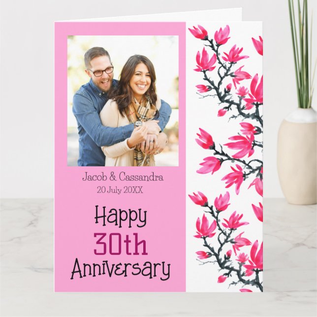 Chic Sakura Pink Blossom Floral Photo Anniversary  Card (Front)