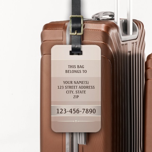 Chic Sandy Chocolate Stripe Luggage Tag (Luggage tag featuring an chic striped design in chocolate and shiny sandy grey colors)