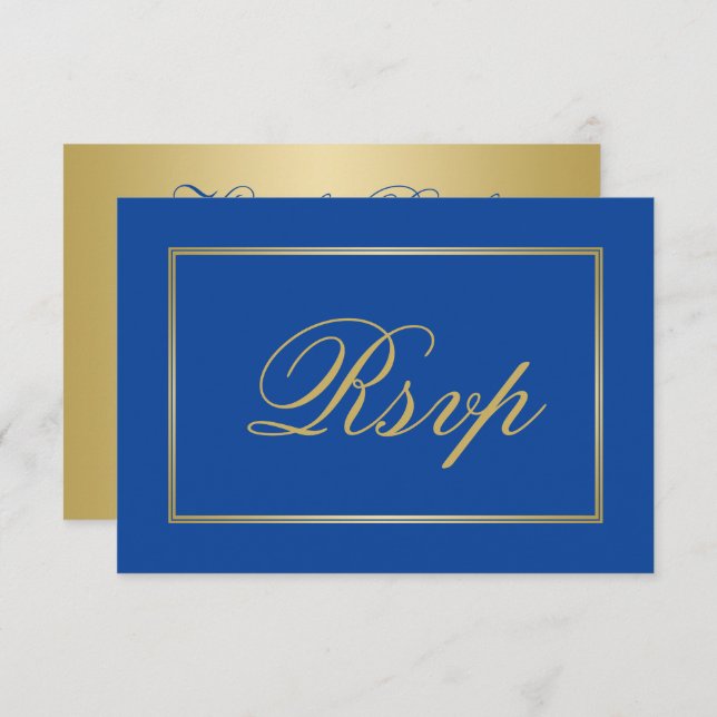 Chic Sapphire Blue Gold Script Calligraphy Wedding RSVP Card (Front/Back)