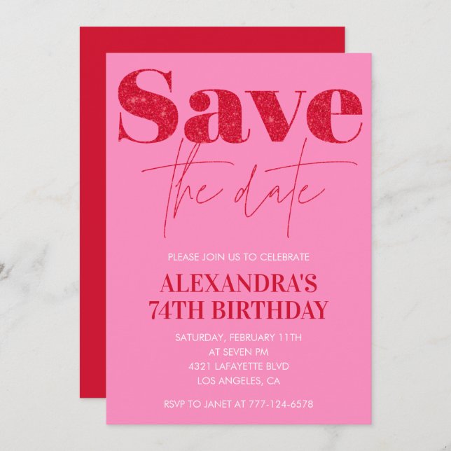 Chic Save the date Red Pink 74th birthday Invitation (Front/Back)
