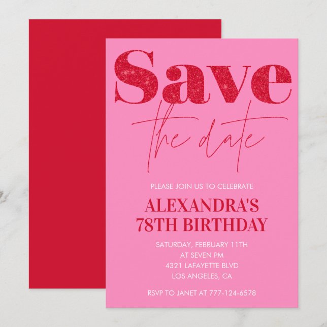 Chic Save the date Red Pink 78th birthday Invitation (Front/Back)