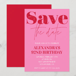 Chic Save the date Red Pink 92nd birthday Invitation