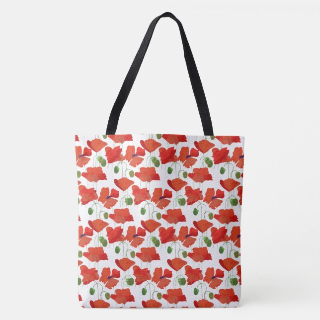 Chic Scarlet Field Poppies Floral Pattern on White Tote Bag (Front)