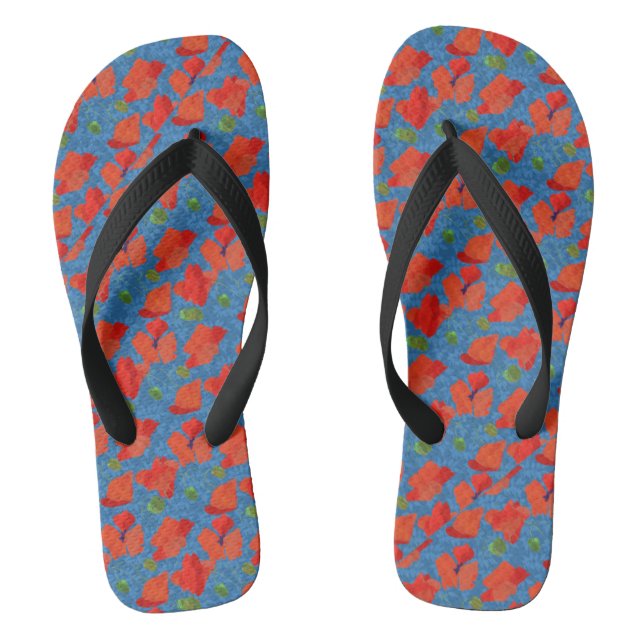 Chic Scarlet Field Poppies on Blue Background Flip Flops (Footbed)