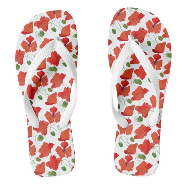 Chic Scarlet Field Poppies on White to Customise Flip Flops (Footbed)