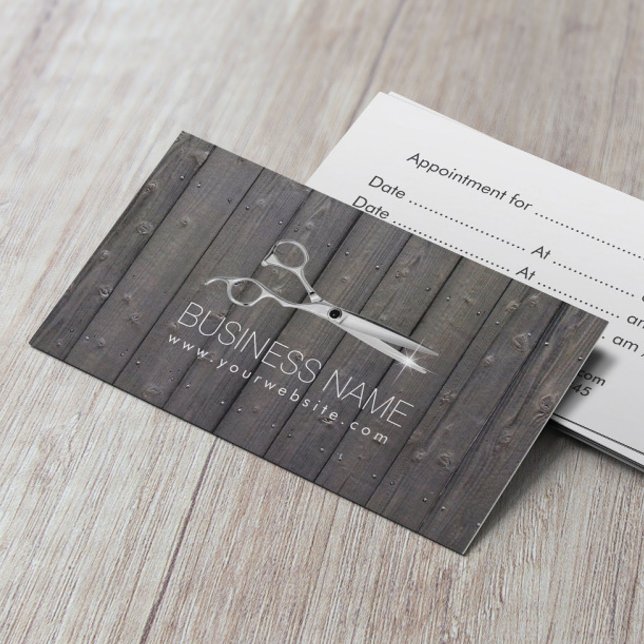 Chic Scissor Wood Stripes Hair Salon Appointment Card (Creator Uploaded)