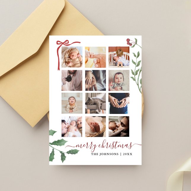 Chic Script 12 Photo Collage Botanical Christmas  Holiday Card (Creator Uploaded)