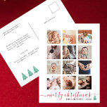 Chic Script 12 Photo Collage Elegant Christmas  Holiday Postcard<br><div class="desc">A beautiful modern photo grid collage postcard perfect for wishing Merry Christmas to your family and friends. The modern and minimalist design features a collage of 12 square customisable photos - year in review style. Below there is a ´´merry Christmas´´ message in a chic whimsical red script and your family...</div>