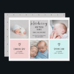 Chic script 3 photo collage baby twins birth announcement<br><div class="desc">Modern introducing baby twins pink,  grey,  blue and white 3 photos collage boy and girl baby twins birth announcement ,  with a cool elegant hand written style brush script and editable black and white polka dots at the back.</div>