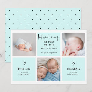 Chic script 3 photo collage blue baby twins birth announcement