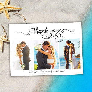 Chic Script 3 Photo Collage Wedding Thank You Card