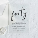 Chic Script 40th Birthday Party Acrylic Invitations<br><div class="desc">Elevate your 40th birthday party with this chic clear acrylic invitation featuring "forty" in a stylish script,  your name in elegant serif typography and the party details in simple,  modern lettering.</div>