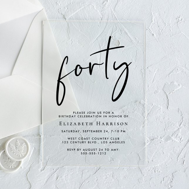 Chic Script 40th Birthday Party Acrylic Invitations (Creator Uploaded)