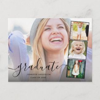 Chic Script 4 Photo Collage Graduation Invite Postcard