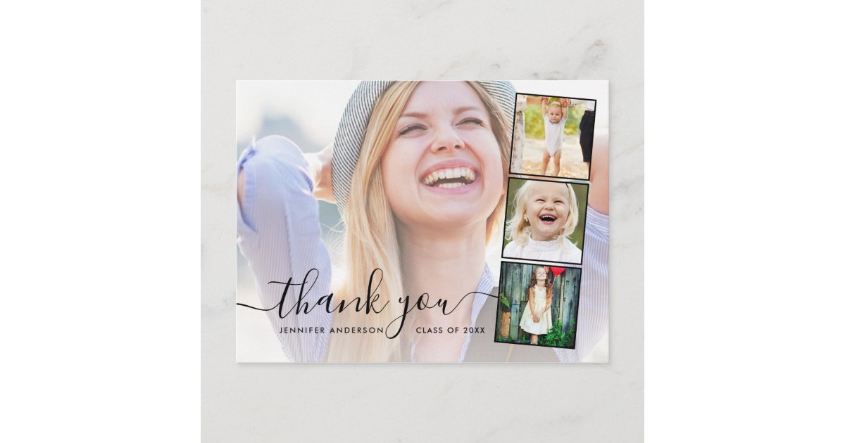 Chic Script 4 Photo Collage Graduation Thank You Postcard | Zazzle