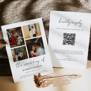 Chic Script 4 Photo Collage QR Code RSVP Wedding Invitation