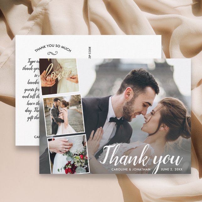 Chic Script 4 Photo Collage Wedding Thank You Postcard (Creator Uploaded)