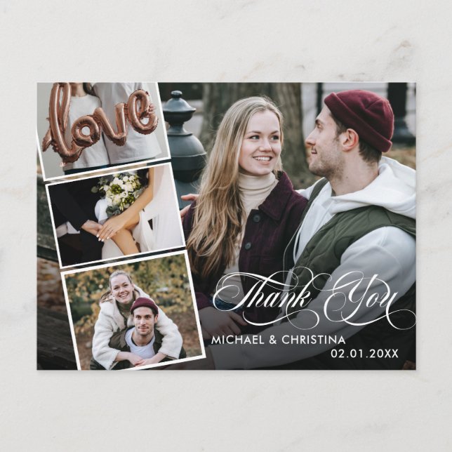 Chic Script 4 Photo Collage Wedding Thank You Postcard (Front)