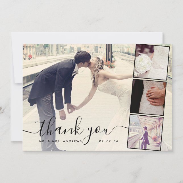 Chic Script 4 Photos Collage Wedding Thank You (Front)