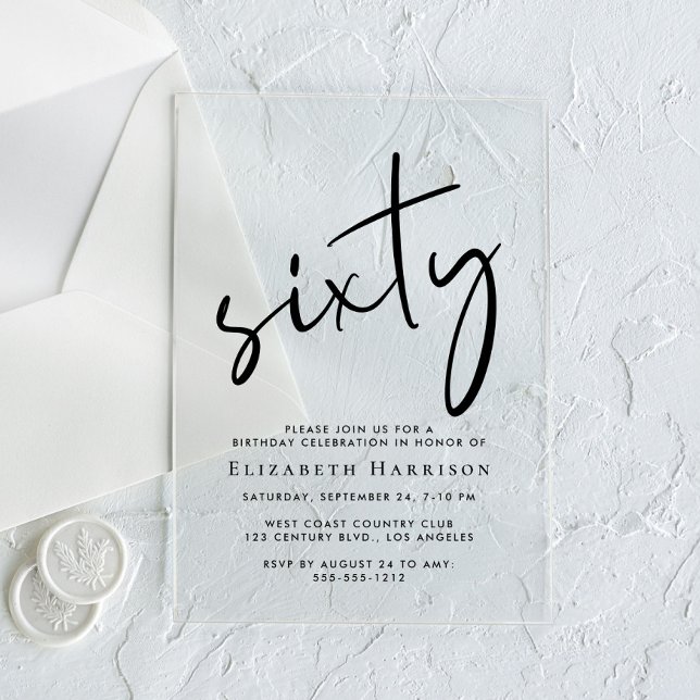 Chic Script 60th Birthday Party Acrylic Invitations (Creator Uploaded)