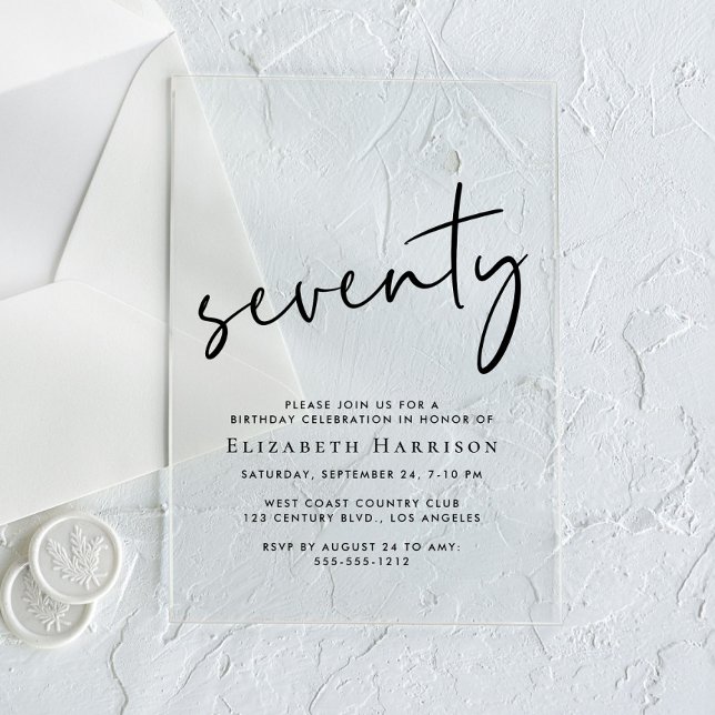 Chic Script 70th Birthday Party Acrylic Invitations (Creator Uploaded)