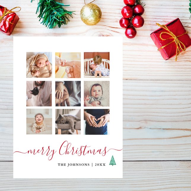Chic Script 9 Photo Collage Elegant Christmas  Holiday Card (Creator Uploaded)